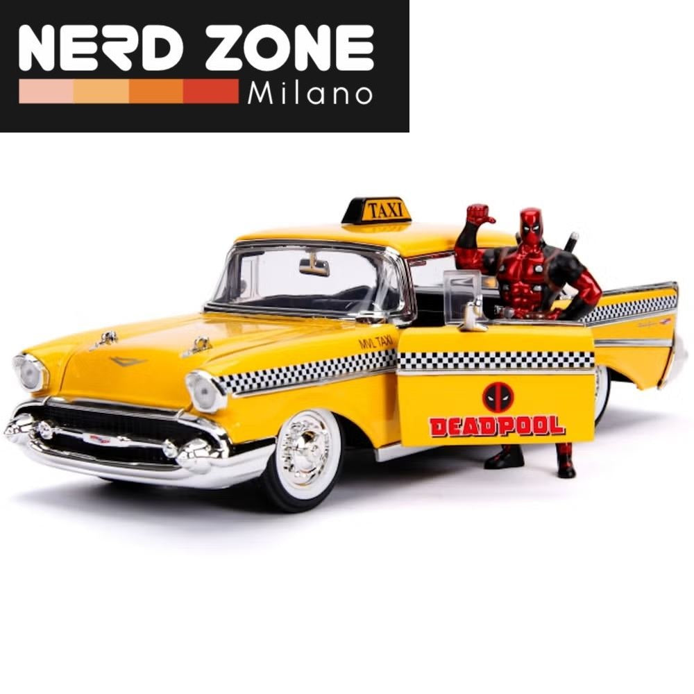 PRE ORDINE - JADA TOYS - Marvel Deadpool 1975 Chevrolet Yellow Taxi Bel Air & Deadpool 1/24 Die-cast Model
