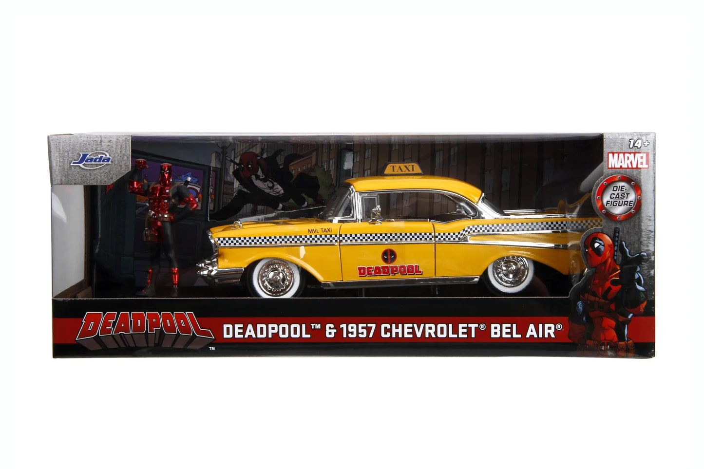 PRE ORDINE - JADA TOYS - Marvel Deadpool 1975 Chevrolet Yellow Taxi Bel Air & Deadpool 1/24 Die-cast Model