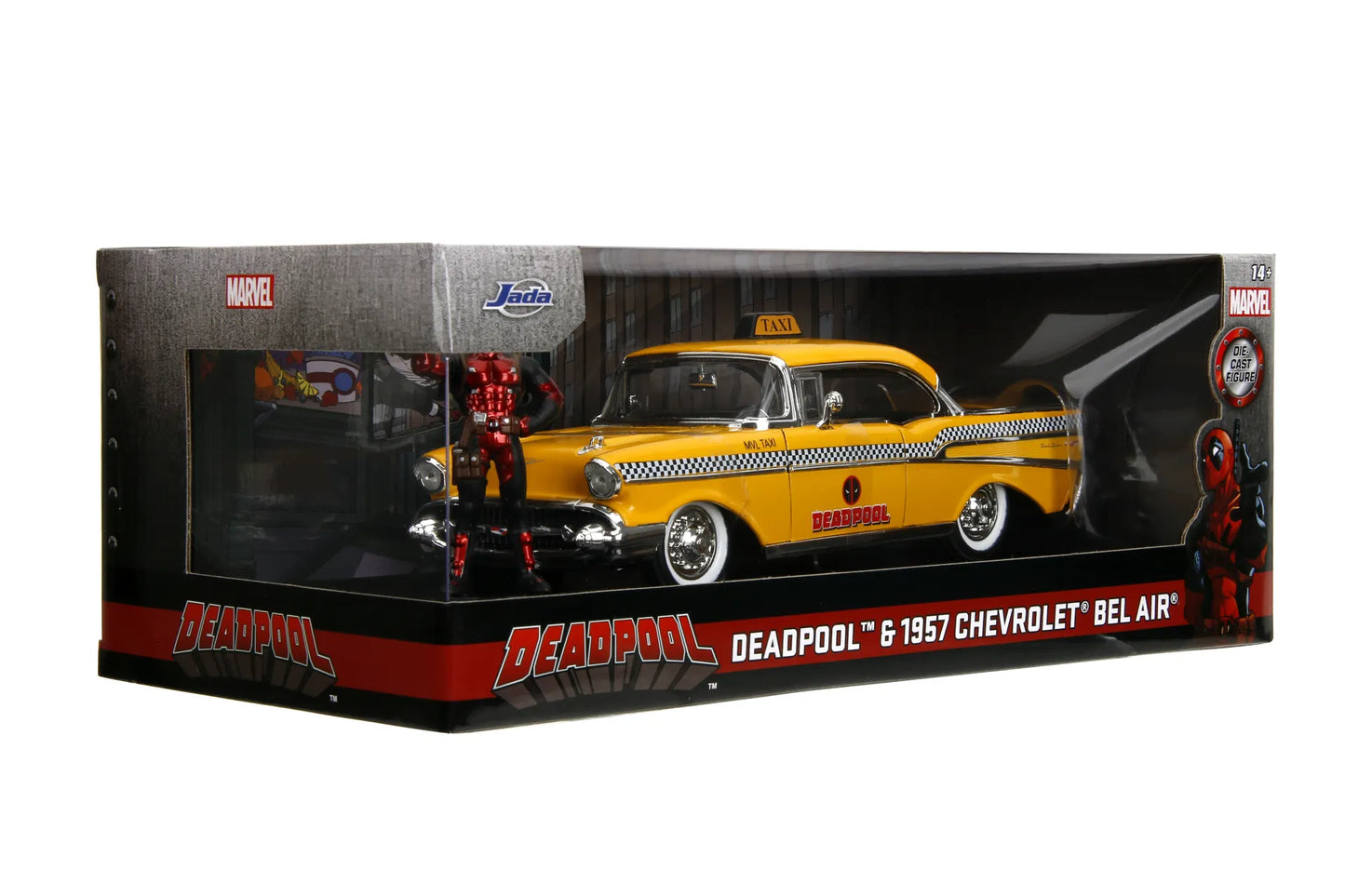 PRE ORDINE - JADA TOYS - Marvel Deadpool 1975 Chevrolet Yellow Taxi Bel Air & Deadpool 1/24 Die-cast Model