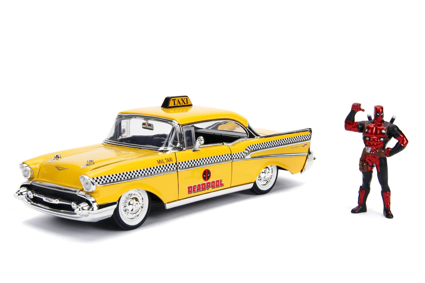 PRE ORDINE - JADA TOYS - Marvel Deadpool 1975 Chevrolet Yellow Taxi Bel Air & Deadpool 1/24 Die-cast Model