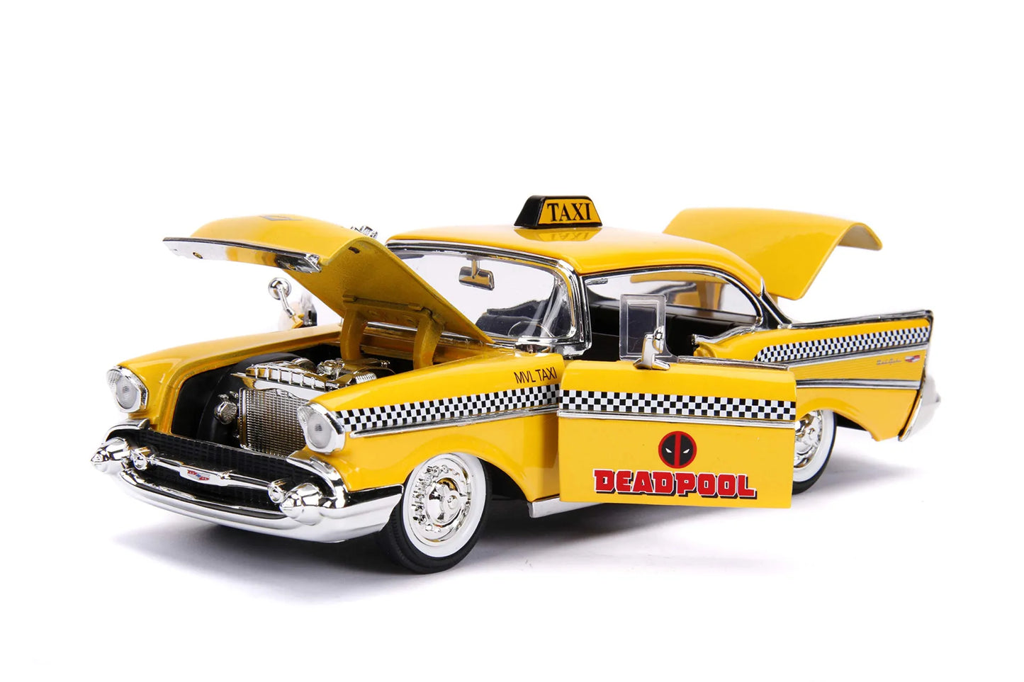 PRE ORDINE - JADA TOYS - Marvel Deadpool 1975 Chevrolet Yellow Taxi Bel Air & Deadpool 1/24 Die-cast Model