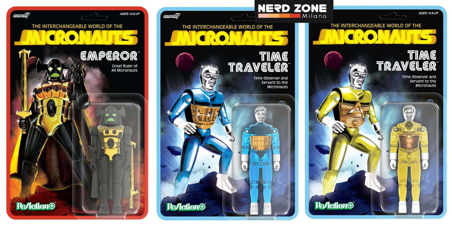 PRE ORDER SUPER 7 - SET Micronauts Wave 03 Emperor Reaction+ Time Traveler Blue Translucent + Time Traveler Yellow Translucent Reaction+ Figure