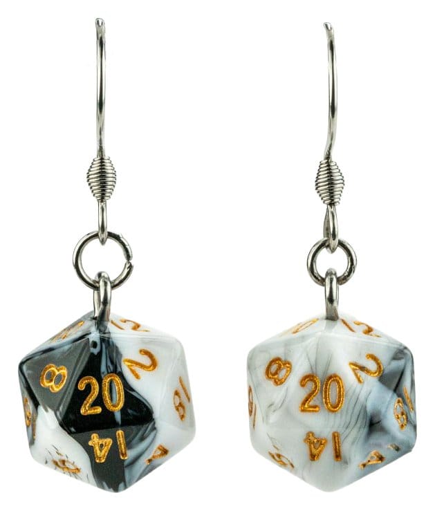PRE ORDINE - Lair Wear Dice Earrings D20 Marble Black & White with Gold