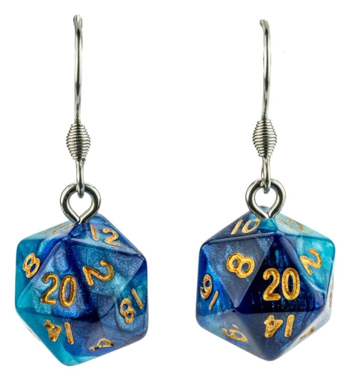PRE ORDINE - Lair Wear Dice Earrings D20 Blue & Light Blue with Gold