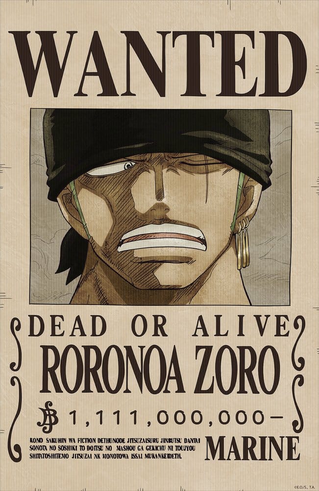 PRE ORDINE - One Piece 3D Poster Wanted Roronoa Zoro 38 x 58 cm